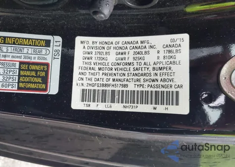 2015 Honda Civic Ex из США, поврежденный, VIN 2HGFG3B89FH517989